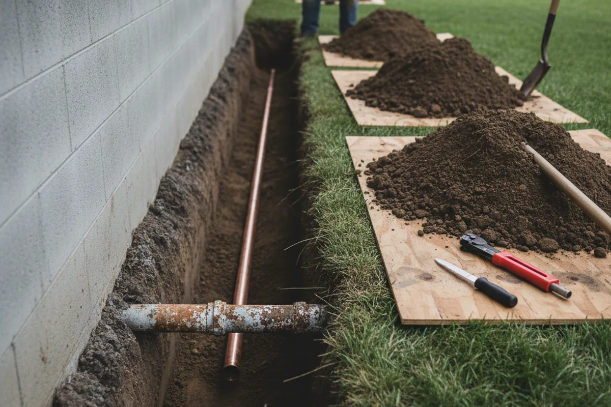 Excavated water line trench during Water Heater Repair in Greenock